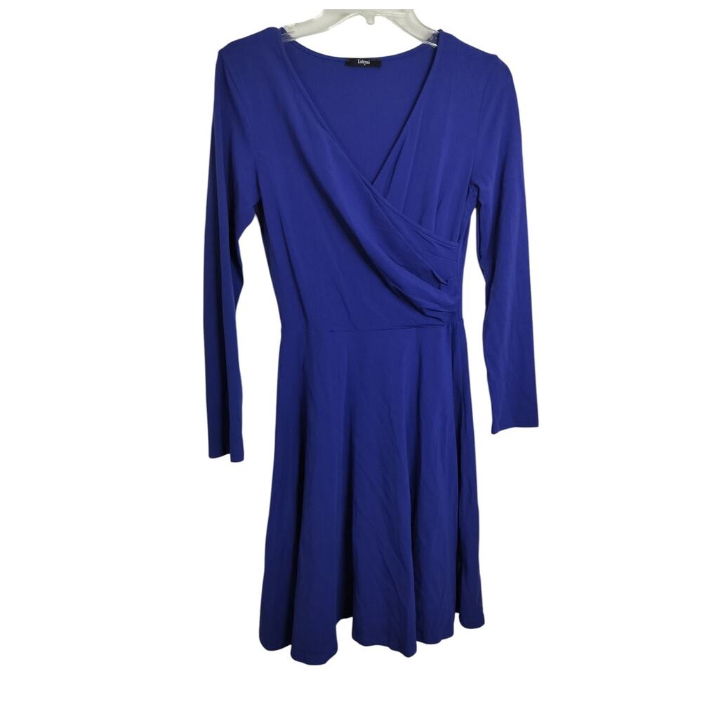 4278)Laksmi Blue Long Sleeve Wrap Knee Length Popover Dress Medium
